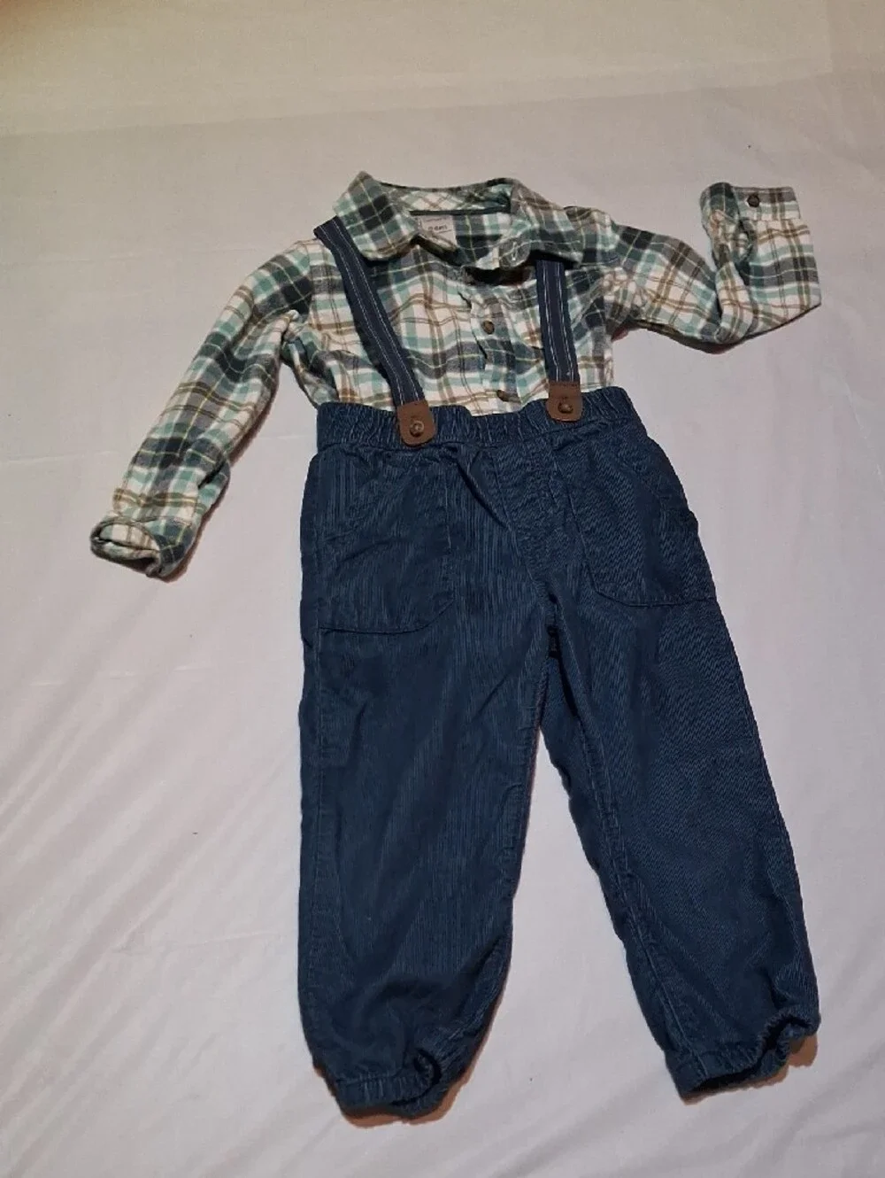 Carter’s 3pc Plaid Button Down & Navy Suspender Pants Outfit Set